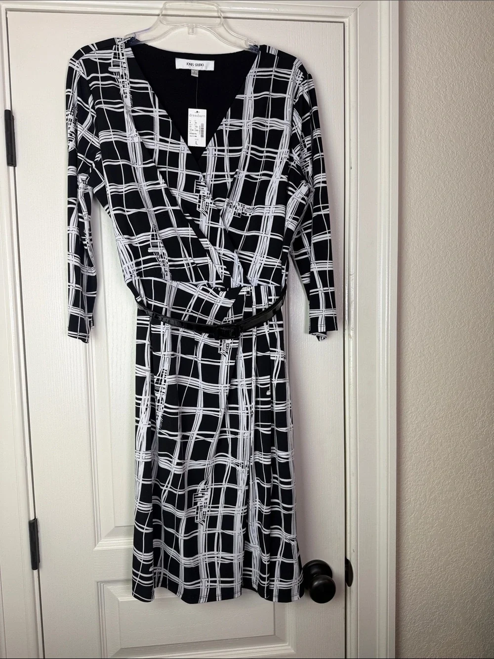 Jones Studio Black and White Grid Wrap Dress